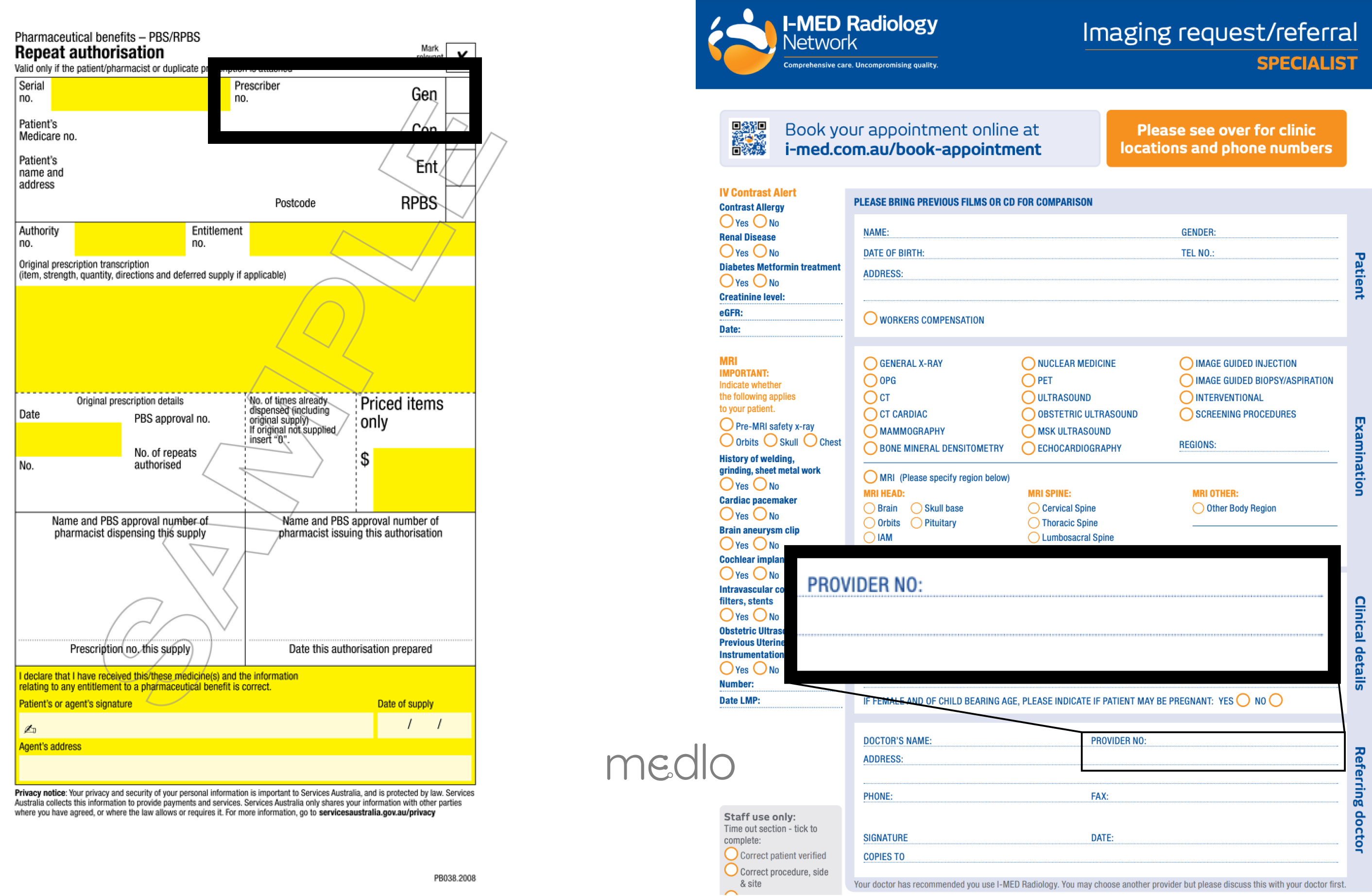 Examples of Medicare provider and prescriber numbers on various forms